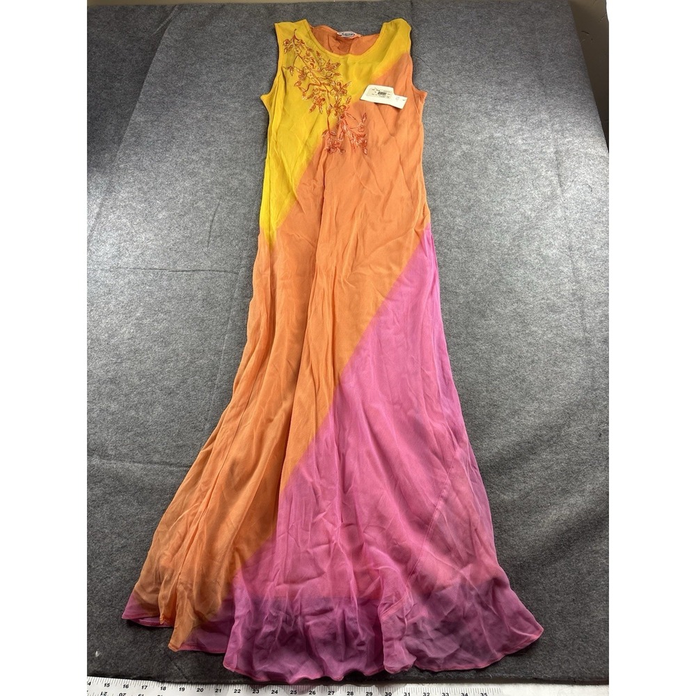 VTG Women's L Boho Ombre Sunset Rayon Maxi Dress Floral Embroidered Fairy Whimsy